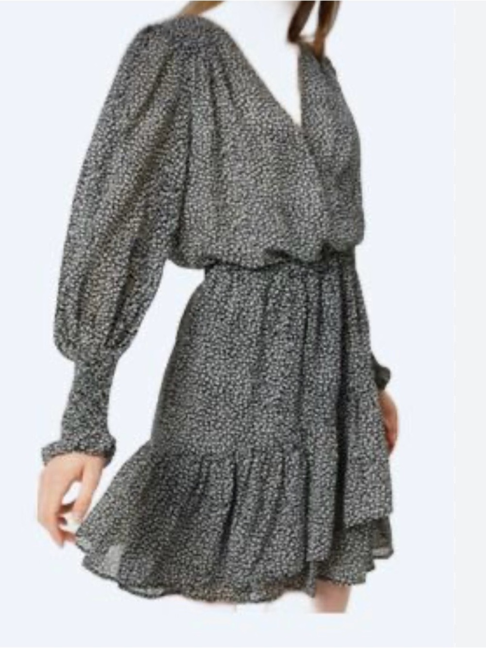 lovestitch Black Ditsy-Print Long Sleeve Wrap Mini Dress